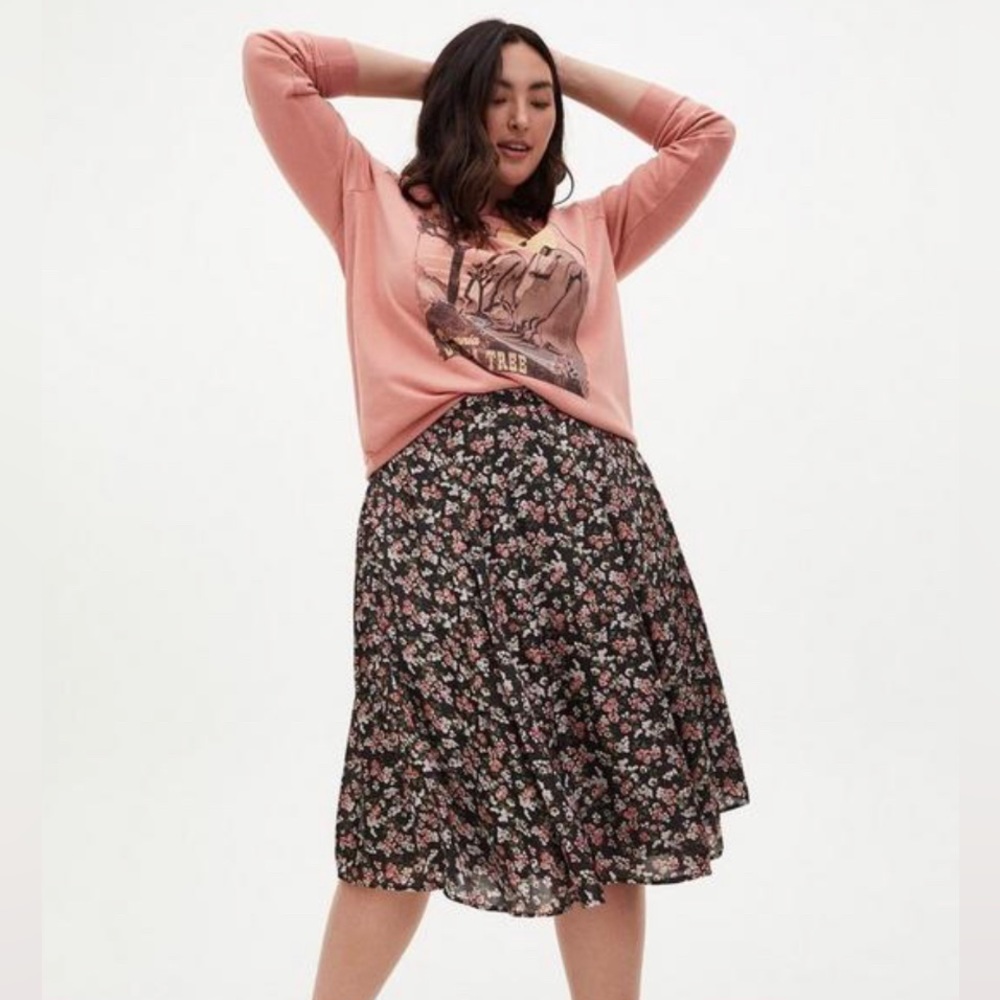 TORRID Black Floral Liquid Woven Midi Skirt